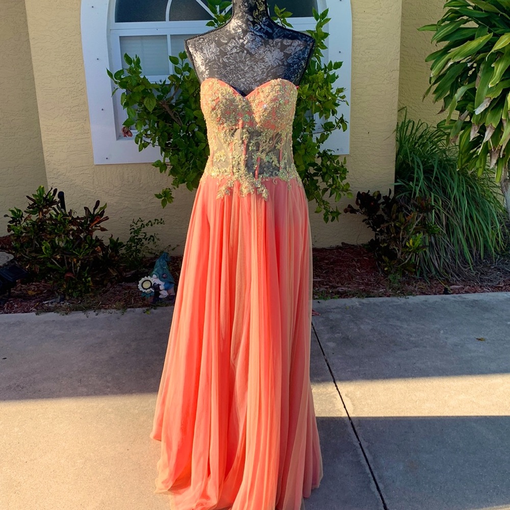 Exquisite jeweled coral colored strapless princess gown by La Femme size 6